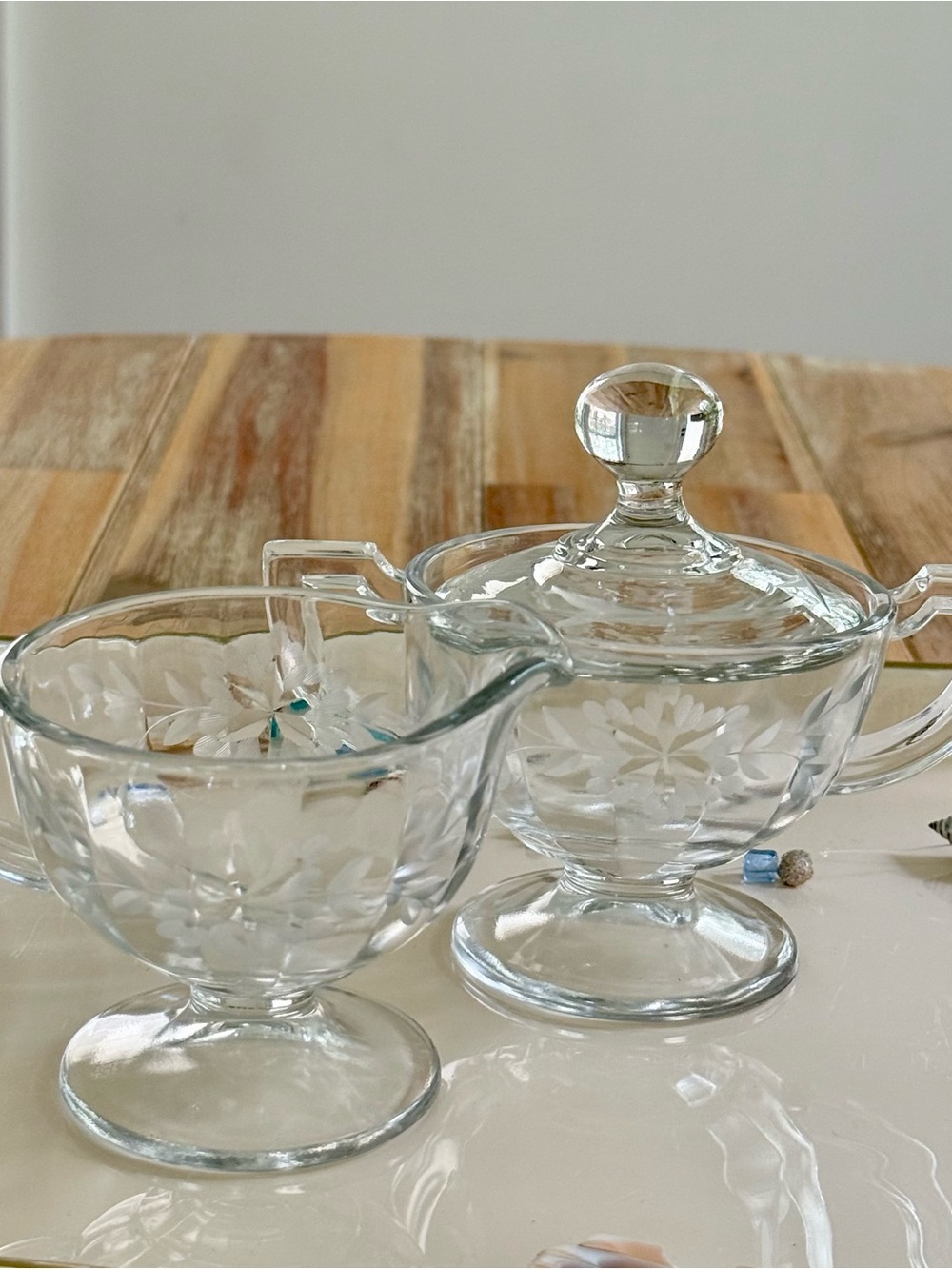 Vintage Etched Glass Sugar and Creamer with Lid Set - Clear